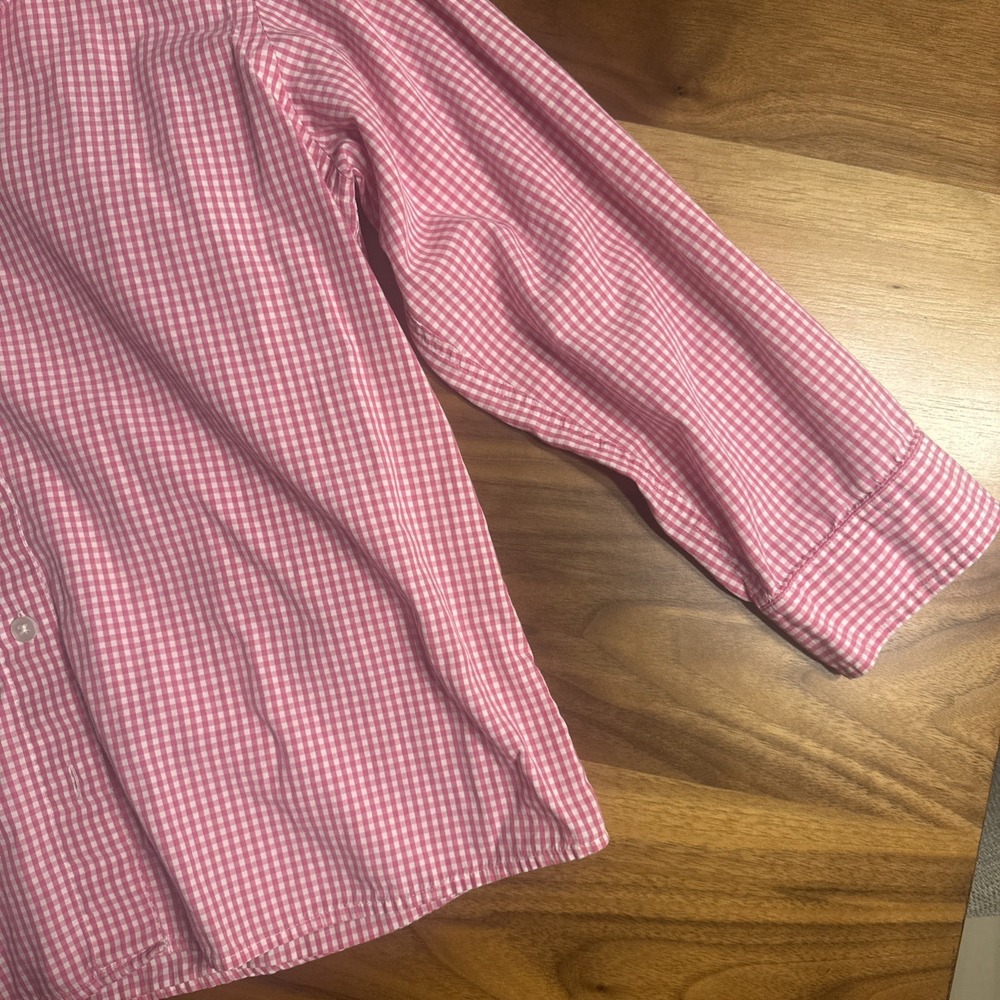 LL Bean Shirt Pink White Checked Medium Petite Wrinkle Free 3/4 Sleeves Cotton